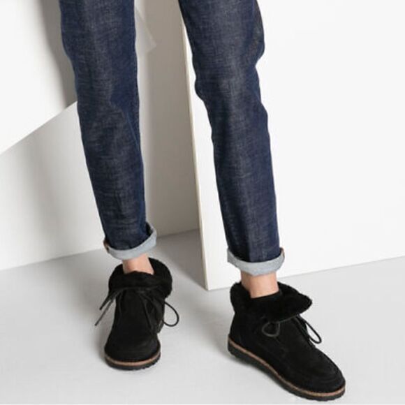 NWT Birkenstock Bakki Suede Leather Bootie Cork Sole Slip On Shoe Narrow Furry - Picture 1 of 14